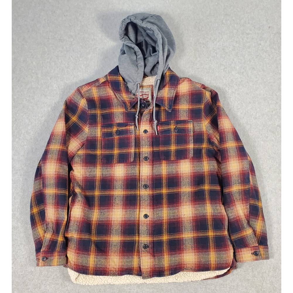Levi Strauss Men L Sherpa Lined Plaid Flannel Shirt Jacket Hooded Red Beige Blue